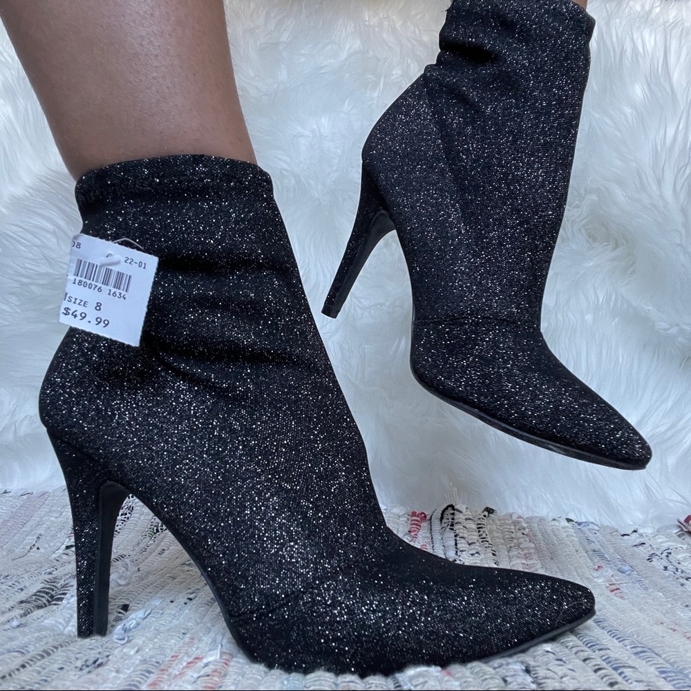 Black Glitter Pointed Toe Sock Bootie Heels